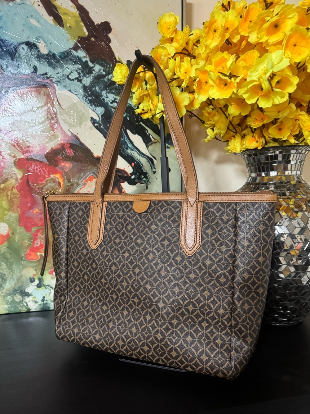 Fossil Brown Patterned Tote with Tan Trim